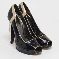 Pre Owned Versace Size 40 Black/Gold Leather Platform Peep Toe Platform Pumps