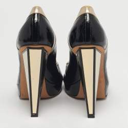 Pre Owned Versace Size 40 Black/Gold Leather Platform Peep Toe Platform Pumps