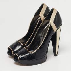 Pre Owned Versace Size 40 Black/Gold Leather Platform Peep Toe Platform Pumps