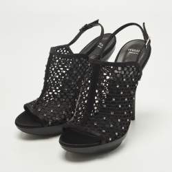 Pre Owned Versace Size 40 Black Mesh and Satin Rhinestone Embellished Open Toe Ankle Strap Sandals            