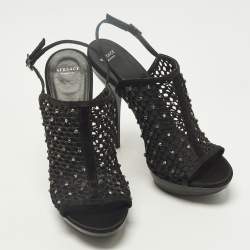 Pre Owned Versace Size 40 Black Mesh and Satin Rhinestone Embellished Open Toe Ankle Strap Sandals            