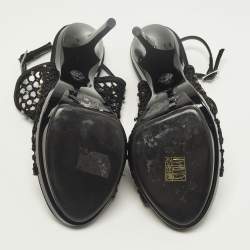 Pre Owned Versace Size 40 Black Mesh and Satin Rhinestone Embellished Open Toe Ankle Strap Sandals            