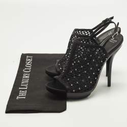 Pre Owned Versace Size 40 Black Mesh and Satin Rhinestone Embellished Open Toe Ankle Strap Sandals            
