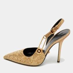 Pre Owned Versace Safety Pin Size 38 Gold Texture Suede Slingback Pumps