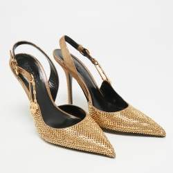 مملوكة مسبقًا حذاء كعب عالي فيرساتشي سوييد ملمس ذهبي بحزام خلفي دبوس أمان مقاس 38