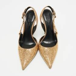 مملوكة مسبقًا حذاء كعب عالي فيرساتشي سوييد ملمس ذهبي بحزام خلفي دبوس أمان مقاس 38