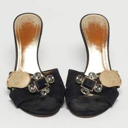 Pre Owned Versace Logo Size 37 Black Suede Crystal Embellished Criss-Cross Slide Sandals