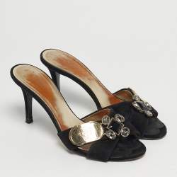 Pre Owned Versace Logo Size 37 Black Suede Crystal Embellished Criss-Cross Slide Sandals