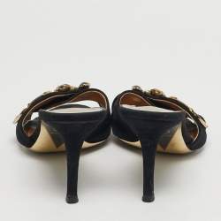 Pre Owned Versace Logo Size 37 Black Suede Crystal Embellished Criss-Cross Slide Sandals