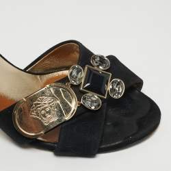 Pre Owned Versace Logo Size 37 Black Suede Crystal Embellished Criss-Cross Slide Sandals