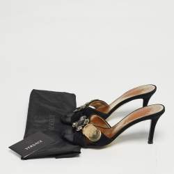 Pre Owned Versace Logo Size 37 Black Suede Crystal Embellished Criss-Cross Slide Sandals