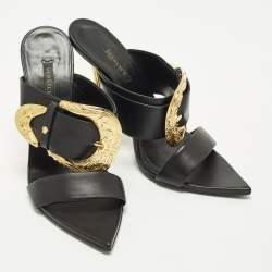 Pre Owned Versace Medusa Insignia Size 39 Black Leather Slide Sandals