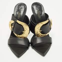 Pre Owned Versace Medusa Insignia Size 39 Black Leather Slide Sandals