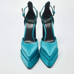 Pre Owned Versace Aevitas Size 41 Teal Blue Satin Platform Pumps