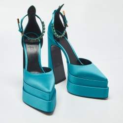 Pre Owned Versace Aevitas Size 41 Teal Blue Satin Platform Pumps