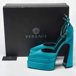 Pre Owned Versace Aevitas Size 41 Teal Blue Satin Platform Pumps