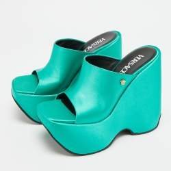Pre Owned Versace Triplatform Size 37 Green Satin Wedge Sandals