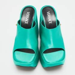 Pre Owned Versace Triplatform Size 37 Green Satin Wedge Sandals