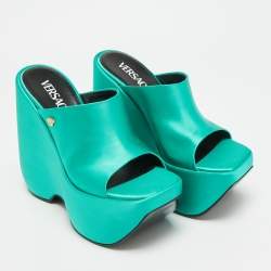Pre Owned Versace Triplatform Size 37 Green Satin Wedge Sandals