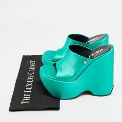 Pre Owned Versace Triplatform Size 37 Green Satin Wedge Sandals