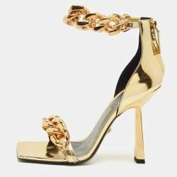 Pre Owned Versace Medusa Size 38 Gold Leather Ankle Strap Sandals