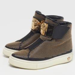 مملوكة مسبقًا حذاء رياضي فيرساتشي ميدوسا جلد أسود مبطن مرصع بعنق طويل مقاس 37.5