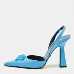 Pre Owned Versace Medusa Size 38.5 Blue Leather Pointed Toe Slingback Pumps