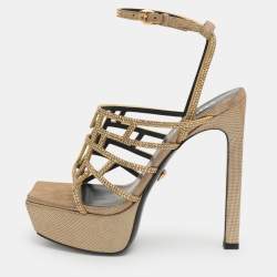 Pre Owned Versace Greca Maze Size 38 Gold Leather and Rhinestone Platform Sandals
