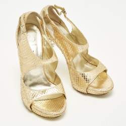 Pre Owned Versace Greca Size 36 Gold Python Embossed Leather Platform Sandals