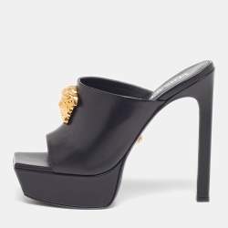 Pre Owned Versace Le Medusa Size 40 Black Leather Platform  Slide Sandals