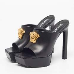 Pre Owned Versace Le Medusa Size 40 Black Leather Platform  Slide Sandals
