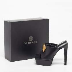 Pre Owned Versace Le Medusa Size 40 Black Leather Platform  Slide Sandals