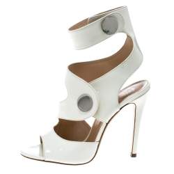 Pre Owned Versace White Leather Peep Toe Cutout Ankle Strap Sandals Size 35.5