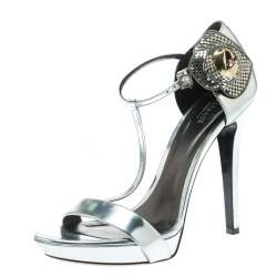 Versace Metallic Silver Patent Leather Flower Detail T Strap Sandals Size 40