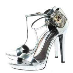 Versace Metallic Silver Patent Leather Flower Detail T Strap Sandals Size 40