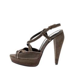 Pre Owned Burberry Brown Canvas Leather Peep Toe Strappy Platform Sandals Size 37