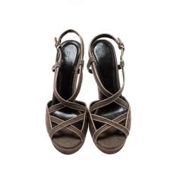 Pre Owned Burberry Brown Canvas Leather Peep Toe Strappy Platform Sandals Size 37