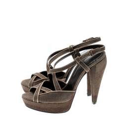 Pre Owned Burberry Brown Canvas Leather Peep Toe Strappy Platform Sandals Size 37