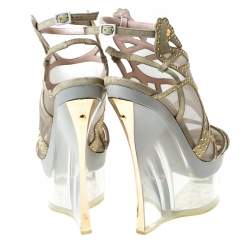 Versace Cream Suede Emebllished Cut Out Ankle Strap Wedge Platform Sandals Size 40