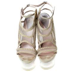 Versace Cream Suede Emebllished Cut Out Ankle Strap Wedge Platform Sandals Size 40