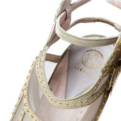 Versace Cream Suede Emebllished Cut Out Ankle Strap Wedge Platform Sandals Size 40