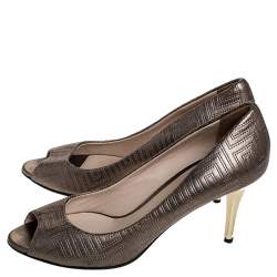 Versace Metallic Grey Embroidered Leather Peep Toe Platform Pumps Size 38