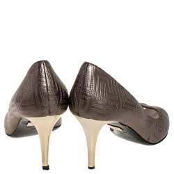 Versace Metallic Grey Embroidered Leather Peep Toe Platform Pumps Size 38