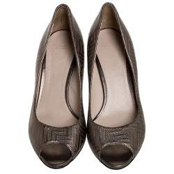 Versace Metallic Grey Embroidered Leather Peep Toe Platform Pumps Size 38