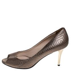 Versace Metallic Grey Embroidered Leather Peep Toe Platform Pumps Size 38