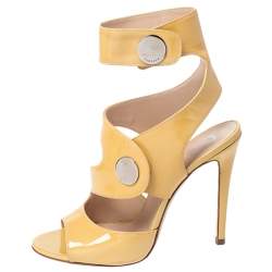 Pre Owned Versace Mustard Patent Leather Cutout Open Toe Ankle Cuff Sandals Size 37.5