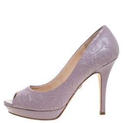 Pre Owned Versace Lilac Embroidered Leather Peep Toe Platform Pumps Size 38.5