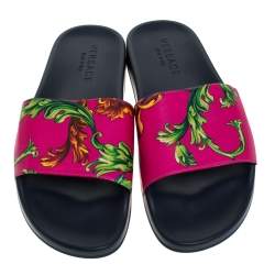 Versace Multicolor Baroque Print Leather Slide Sandals Size 43