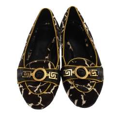 Versace Brown/White Leopard Print Calfhair and Leather Flats Size 39.5       