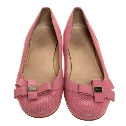 Versace Pink Perforated Leather Bow Embellishment Ballet Flats Size 38